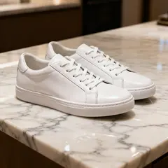 Seedream v4 — A pair of white leather sneakers on a marble count