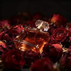 Seedream v4 — A bottle of amber perfume on a bed of dried roses,