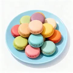Seedream v4 — A stack of colorful macarons on a pastel blue plat