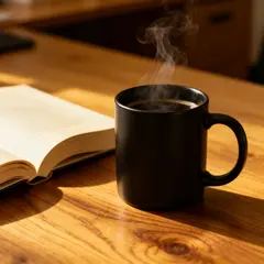 Seedream v4 — A matte black coffee mug with steam rising, placed