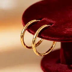 Seedream v4 — A pair of gold hoop earrings on a velvet jewelry d