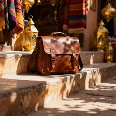 Seedream v4 — A leather messenger bag on a sun-dappled step in a