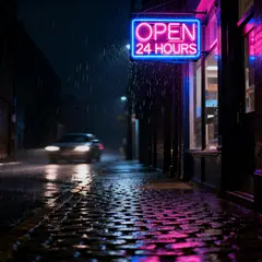Seedream v4 — A glowing neon sign reading OPEN 24 HOURS in a dar