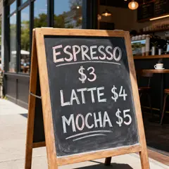 Seedream v4 — A hand-lettered chalkboard menu outside a coffee s