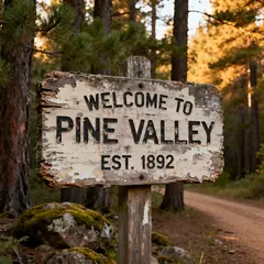 Seedream v4 — A weathered wooden sign reading WELCOME TO PINE VA