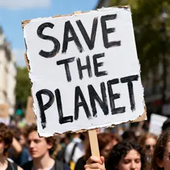 Seedream v4 — A protest sign held up in a crowd reading SAVE THE