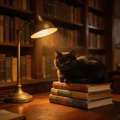 Seedream v5 Lite — A black cat sitting on a stack of old books in a c