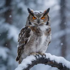 Seedream v5 Lite — An owl perched on a snow-covered branch, intense a
