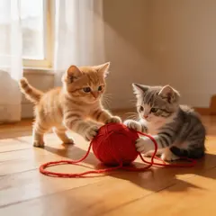 Seedream v5 Lite — Two kittens playing with a ball of red yarn on a h
