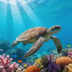 Seedream v5 Lite — A giant sea turtle swimming over a coral reef, und