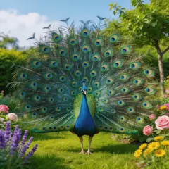 Seedream v5 Lite — A peacock displaying its full tail feathers, vibra