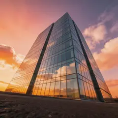 Seedream v5 Lite — A modern glass skyscraper reflecting clouds at sun