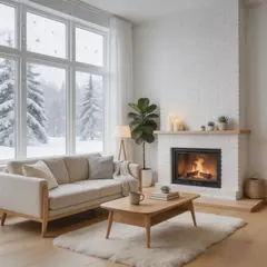 Seedream v5 Lite — A cozy Scandinavian living room with a fireplace, 