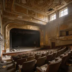 Seedream v5 Lite — An abandoned Art Deco theater with peeling gold pa