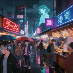 Seedream v5 Lite — A cyberpunk street market in Tokyo, anime style, n