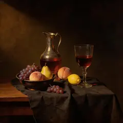 Seedream v5 Lite — A still life of fruit and wine on a table, Dutch G