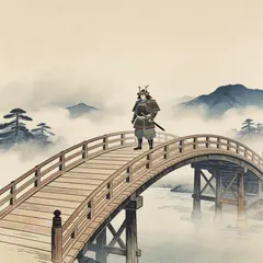 Seedream v5 Lite — A lone samurai standing on a misty bridge, ukiyo-e