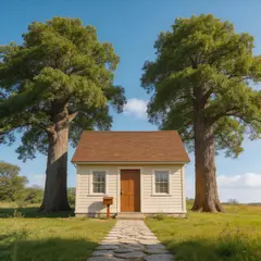 Seedream v5 Lite — A small house between two tall trees, with a path 