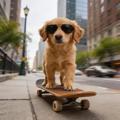 Seedream v5 Lite — A dog wearing sunglasses riding a skateboard down 