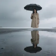 Seedream v5 Lite — A woman holding an umbrella in the rain, reflected