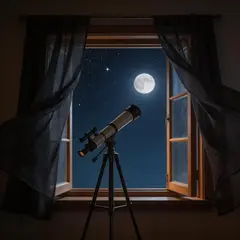 Seedream v5 Lite — A telescope pointing at the moon through an open w