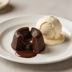 Seedream v5 Lite — A dripping chocolate lava cake cut open on a white