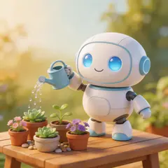 Seedream v5 Lite — A 3D render of a cute robot watering plants in a m
