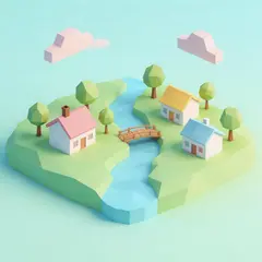 Seedream v5 Lite — An isometric low-poly village with tiny houses, tr