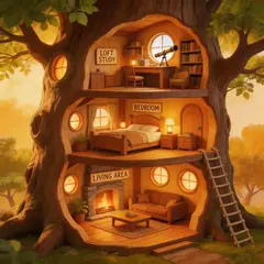 Seedream v5 Lite — A detailed cross-section of a fantasy treehouse sh