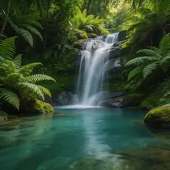 Seedream v5 Lite — A waterfall cascading into a tropical pool surroun