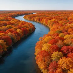 Seedream v5 Lite — An aerial view of a winding river through autumn f