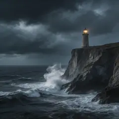 Seedream v5 Lite — A coastal cliff with crashing waves below, lightho