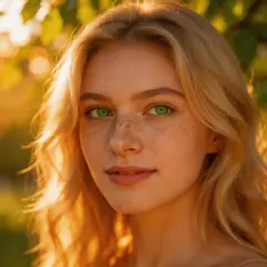 Seedream v5 Lite — A young woman with freckles and green eyes, golden