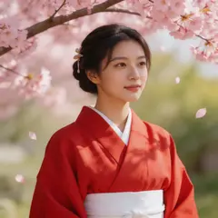 Seedream v5 Lite — A Japanese woman in a red kimono standing under ch