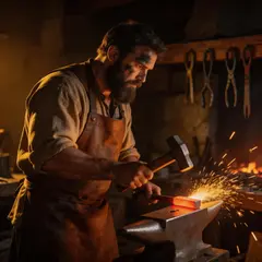 Seedream v5 Lite — A bearded blacksmith in a dark workshop, sparks fl