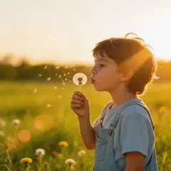 Seedream v5 Lite — A child blowing dandelion seeds in a sunlit meadow