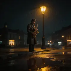Seedream v5 Lite — A street musician playing saxophone under a lamppo