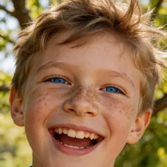 Seedream v5 Lite — A freckled boy with bright blue eyes and messy hai