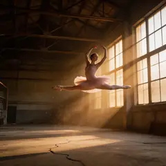 Seedream v5 Lite — A ballet dancer mid-leap in an abandoned warehouse