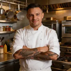 Seedream v5 Lite — A tattooed chef in a white coat, arms crossed, con