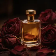 Seedream v5 Lite — A bottle of amber perfume on a bed of dried roses,
