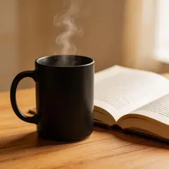 Seedream v5 Lite — A matte black coffee mug with steam rising, placed