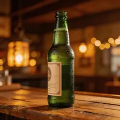 Seedream v5 Lite — A green glass bottle of craft beer with condensati