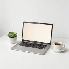 Seedream v5 Lite — A sleek laptop on a clean white desk with a potted