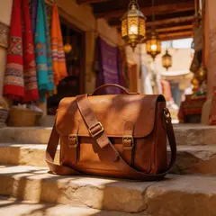 Seedream v5 Lite — A leather messenger bag on a sun-dappled step in a