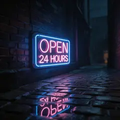 Seedream v5 Lite — A glowing neon sign reading OPEN 24 HOURS in a dar