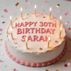 Seedream v5 Lite — A birthday cake with HAPPY 30TH BIRTHDAY SARAH wri