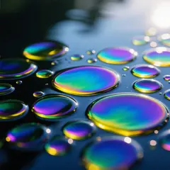 Wan 2.6 T2I — A macro photograph of oil droplets on water, iride