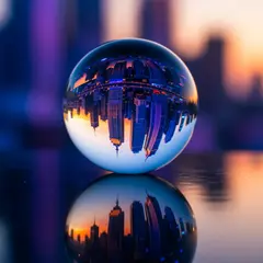 Wan 2.6 T2I — A glass sphere refracting a distorted cityscape, s