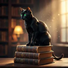 Wan 2.6 T2I — A black cat sitting on a stack of old books in a c